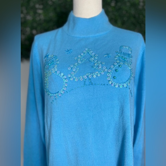 QUACKER FACTORY Blue Beaded Sequins Christmas Holiday Pullover Sweater Size L - Picture 2 of 11